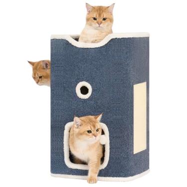 Imagem de Hannadepot Cama e casa para gatos internos, cubo de condomínio resistente de 2 andares com almofada para arranhões e brinquedos pendurados, centro de atividades para gatinhos de vários níveis, ideal