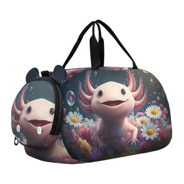 Imagem de Bolsa esportiva escocesa Highland com flores de vaca para meninas, bolsa de viagem noturna, compartimento de sapatos para meninos, Axolote rosa sorridente fofo, Clássico