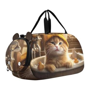 Imagem de Bolsa esportiva para meninos e crianças pequenas, estilo chinês, árvores, flores, pássaros, bolsa de viagem com compartimento para sapatos, Gato fofo 2, Clássico
