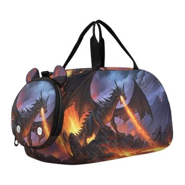 Imagem de Bolsa esportiva para meninos, bolsas noturnas, linha de coração, rosa, dia dos namorados, branca, bolsa de viagem para meninas, compartimento para sapatos, Grande dragão fogo magma escuro, Clássico