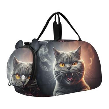 Imagem de Bolsa esportiva escocesa Highland com flores de vaca para meninas, bolsa de viagem noturna, compartimento de sapatos para meninos, Gato cinza fofo irritado, Clássico