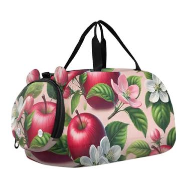 Imagem de Bolsa esportiva para meninos Highland Cow Pink Glasses Overnight Weekender Bolsa de viagem para meninas, maçãs vermelhas desabrochando com flores, Clássico