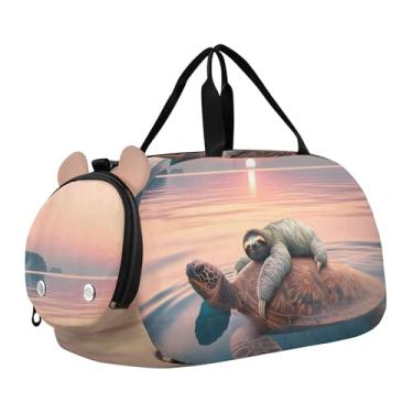 Imagem de Bolsa de viagem azul para meninas com bola de tênis, bolsa de viagem para o fim de semana, academia, bolsa de mão para meninos, Preguiça e tartaruga marinha, Clássico