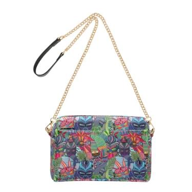 Imagem de Joitme Tiki Masks Bolsa feminina intrincada com plantas tropicais, bolsa transversal, bolsa para celular, bolsa de ombro de couro sintético com alça de corrente