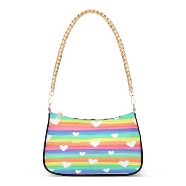 Imagem de Bolsa de ombro listrada de arco-íris com corrente de corações brancos, linda bolsa de mão média para mulheres, bolsa clutch Hobo moderna para todos os dias e festas