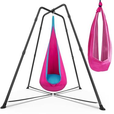 Imagem de Swing Stand Frame with Sensory Pod Swings and Chair, Sensory Swing Set, X-Shaped Swing Frame, Heavy-Duty Metal Hammock Chair Stand for for Adults Indoor and Outdoor 330LBS(Pink)