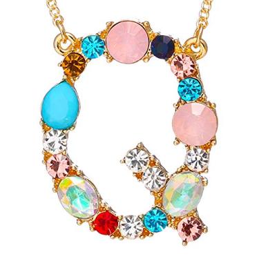 Imagem de MOWL Colar grande com inicial feminina – Colar banhado a ouro com strass colorido, pingente de letra monograma de 26 alfabetos, presente ideal para qualquer mulher, mãe, esposa, irmã, adolescente,