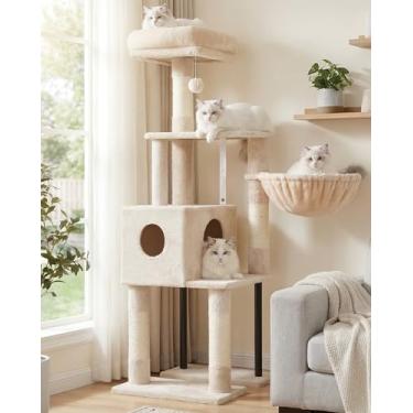 Imagem de Heybly Árvore para gatos, 120 cm, torre para gatos internos, condomínio espaçoso para gatos com espaço oculto, tubo de aço resistente, poleiro superior de pelúcia macia, rede aconchegante e postes