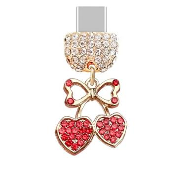 Imagem de ELISE & FONDA TP1015 Tipo-C porta de carregamento cristal plugue antipoeira pequeno coração cereja charme celular para iPhone 15/16/Samsung/OnePlus/Xiaomi/oppo telefones Android (vermelho)