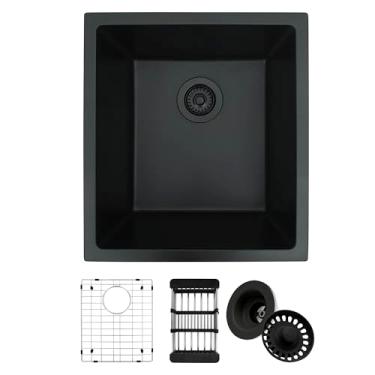 Imagem de MONSINTA Pia de Cozinha Preta Fosca, 43 x 48 x 25 cm, Pia de Tigela Única de Granito de Quartzo, Instalação Embaixo da Bancada