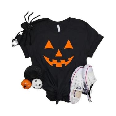 Imagem de Camiseta Feminina Laranja Com Estampa De Abóbora De Halloween Engraçad