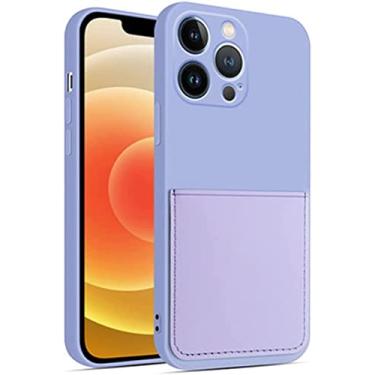 Imagem de AEHON GLUDGOAT Capa compatível com iPhone 13 Pro, com porta-cartão, capa de silicone líquido à prova de choque, forro de microfibra macia anti-arranhões, cinza grama (cor: roxo)
