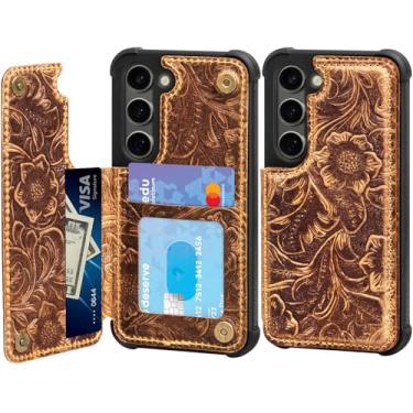 Imagem de RMAWRAD Capa de couro compatível com carteira Samsung Galaxy S23 de 6,1 polegadas, capa antiqueda de couro genuíno à prova de choque, capa flip com compartimento para cartão, fivela magnética dupla