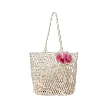 Imagem de MakeMeChic Bolsas femininas 3D floral com concha do mar, vazadas, alças duplas, bolsas de praia de verão, Bege, One Size