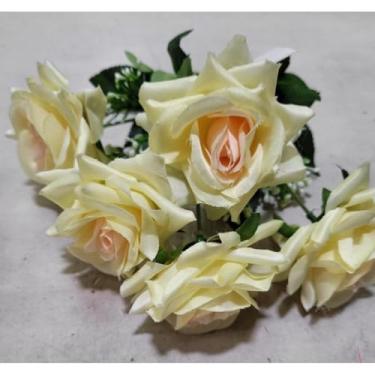 Imagem de Rosa Artificial com 5 flores (De ponta)(Amarelo claro,Kit com 2 Unidades)