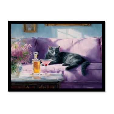 Imagem de Gato preto com estampa de arte Martini fofo gato peculiar coquetel bar carrinho decoração moderna casa cozinha arte de parede pintura em tela pôster estética (SKU4,20.3x30.5 cm = (20x30cm), moldura