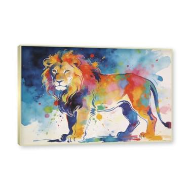 Imagem de NHLDZYH Moldura dourada. Arte abstrata de respingos de leão, pintura colorida de animais em tela, decoração de parede expressiva moderna para sala de estar ou escritório. A72. 60 x 90 cm - 23,7 x 35,5