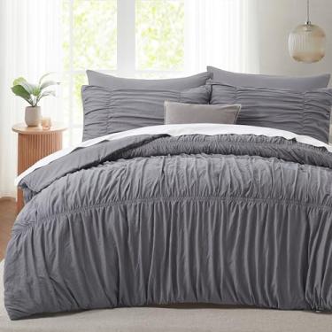 Imagem de Oli Anderson Conjunto de edredom queen, 5 peças, fofo, com design elástico, vintage, boêmio, casa de fazenda, estilo rústico, decoração de quarto para todas as estações - cinza