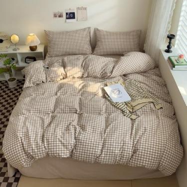 Imagem de DONEUS Conjunto de capa de edredom caramelo guingão, tamanho casal, 100% algodão lavado, estilo moderno, conjunto de edredom xadrez super macio para todas as estações, capa de edredom com estampa