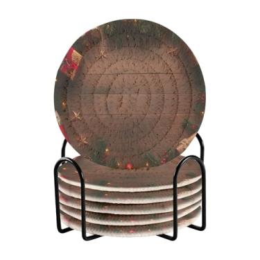 Imagem de Blueangle 6 peças de porta-copos de galhos de árvore de Natal para bebidas, porta-copos de tecido redondo super absorvente para mesa de café, proteção de mesa para decoração de casa (414)