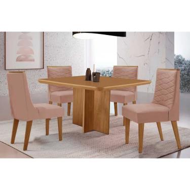 Imagem de Sala Jantar Mesa Berlim Tampo Curvo 90cm+4 Cadeiras Maldivas Madeira Naturale - Capuccino/Linho Capuccino - Rufato