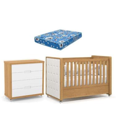Imagem de Berço Americano Com Capitonê New Boucle E Cômoda Gaveteiro Infantil Tutto New Freijó E Colchão Ortobom - Matic