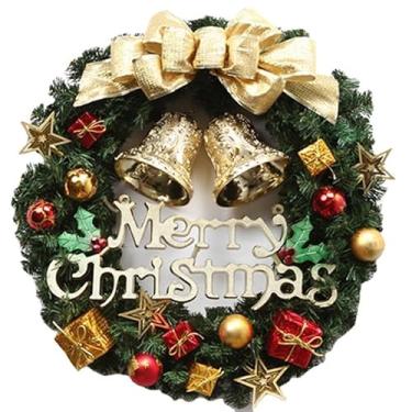 Imagem de Guirlanda de Porta de Madeira Natalina - Sinal de Suspensão Decorativa Sagrada, Estilo Tradicional para Casa, Igreja e Ambientes Natalinos Religiosos (Laço dourado e sinos)