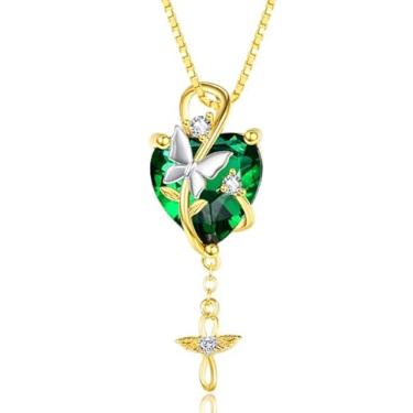 Imagem de VANAODUC Colar feminino com cruz de coração com pedra do mês de nascimento, pingente de borboleta, ouro 14K, ouro branco 18K, joias de aniversário, presentes de Natal para sua mãe e esposa, Suitable
