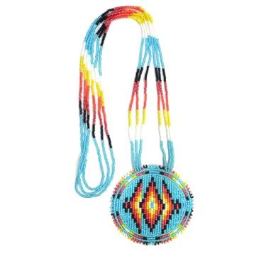 Imagem de Colar de medalhão feito à mão, estilo nativo americano, tribal, com contas de sementes étnicas, Free size, Vidro, Sem Pedra Preciosa