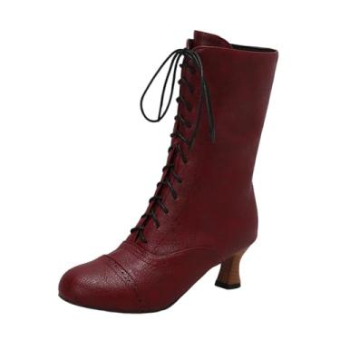 Imagem de Botas femininas modernas, casuais, versáteis, descoladas e estilosas de inverno, bico redondo, com zíper, bico redondo, salto alto, tornozelo, Vinho vinho, 35