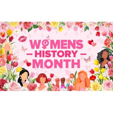 Imagem de Mocsicka Faixa feminina do mês da história, celebração de março, decorações de festa feminista, poliéster durável com ilhós para decoração de parede de escritório, capacitando suprimentos para eventos
