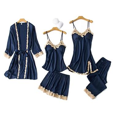 Imagem de Pijamas femininos - Conjunto de pijama de cetim conjunto de pijama camisola roupa de dormir para casa roupão feminino manga de renda conjunto M rosa conjunto -C (azul marinho a)