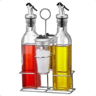 Imagem de Galheteiro De Vidro E Inox Com 5 Peças Suporte Aramado - Hauskraft, Tr