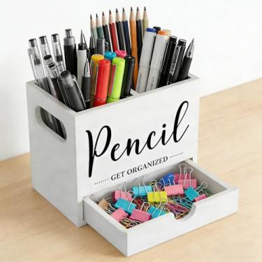 Imagem de kulusion Porta-lápis de madeira, suporte de caneta com 2 compartimentos e organizador de mesa com gavetas, caixa de armazenamento de suprimentos de arte dupla para escritório, escola, casa (branco)