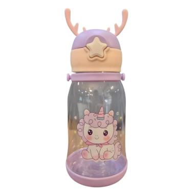 Imagem de Garrafa Infantil Portátil de Água com Canudo, Tampa Antivazamento, Bico de Silicone, Alça Ajustável e Design de Alce Multicolorido (Lilás)