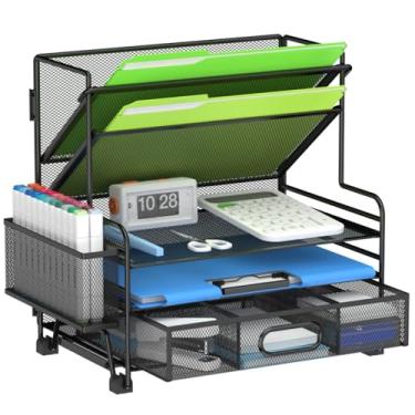 Imagem de MINDEPOT Organizador de papel de 3 camadas + suporte de arquivo com 2 bolsos + gaveta + porta-canetas, organizadores de arquivos de mesa, bandeja de papel para acessórios de escritório, escola e sala