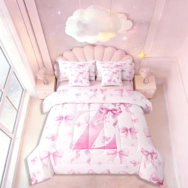 Imagem de Conjunto de cama casal de 7 peças com laço rosa e laço romântico, chique e romântico, lindo conjunto de cama com laço com monograma, inclui edredom, conjunto de lençol, fronhas e fronhas, decoração de