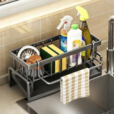 Imagem de Suporte de esponja para pia de cozinha, organizador de pia com suporte de pano de prato destacável, organizador de banheiro de plástico, organizador de dispensador de sabão, prata