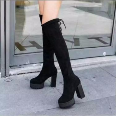 Imagem de Bota Camurça Feminina Cano Alto Over The Knee Salto Alto (Tamanho Padrão, BR, Adulto, Numérico, 35)