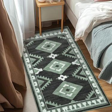 Imagem de Tijuboni Tapetes ocidentais para sala de estar quarto antiderrapantes, tapetes de área do sudoeste para sala de jantar cozinha berçário, suporte de borracha lavável, 3x5 asteca preto-branco-verde
