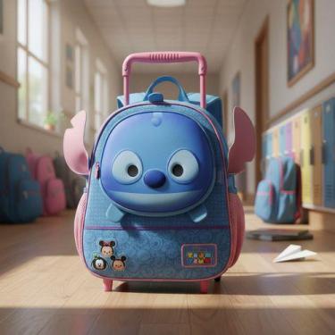 Imagem de Mochila Rodinhas Infantil Escolar Menino Menina Kids Azul Stitch Tsum 