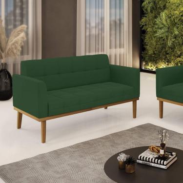 Imagem de Poltrona Namoradeira Decorativa Pés Fixo Em Madeira Castanho Veludo Verde Esmeralda