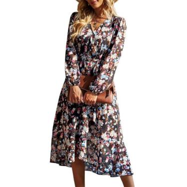 Imagem de Vestido PRETTYGARDEN Floral Preto Manga Longa Transpassado Decote V M