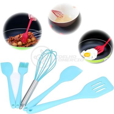 Imagem de Kit 5 Utensílios Jogo De Cozinha De Silicone Com Espatulas Pincel E Batedor Manual - Azul