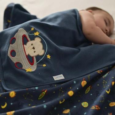Imagem de Manta para Bebê Malha Suedine 78 cm x 95 cm Baby Joy, foguete azul mar