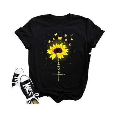 Imagem de Camiseta Preta Com Estampa De Borboleta E Girassol Kawaii Para Mulhere