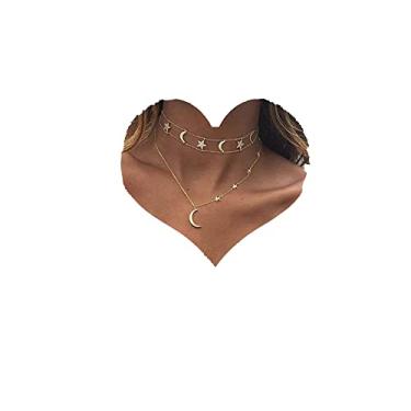 Imagem de Chargances Colar boêmio dourado com lua e estrelas para mulheres, moda dourada, colar delicado e estrelas, joia feminina