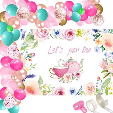 Imagem de 115 peças Vamos Parar Suprimentos de Festa de Chá 1,5 x 9,5 m Tempo do Chá Fotografia Pano de Fundo Floral Balões de Chá Kit de Guirlanda de Arco para Bule de Chá Alto Noivado Tema de Festa de Solteira Decorações