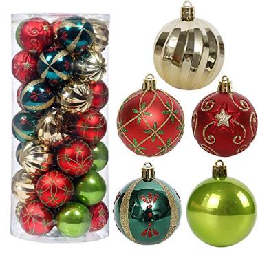 Imagem de Ornamentos de árvore de Natal, conjunto de decoração de bola de Natal de 35 ct 6 cm vermelho verde e dourado bola de Natal inquebrável para pendurar árvore conjunto