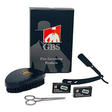 Imagem de GBS reta da borda Razor & Barba Kit Cabelo Chrome Scissors 5 1/2" + 3'x5" Oval Miltary Escova + Shavette Blades